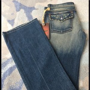 *Flared* NWT Boho Embroidered Studded Back Flap Pocket Jean with Boot Cut Flare